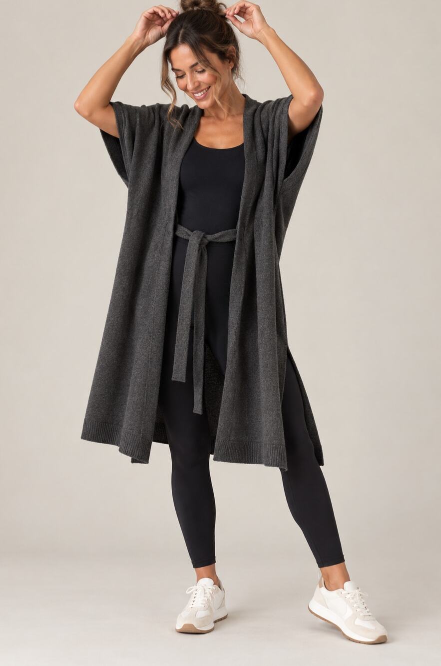 Athleta 100% Wool Daydreram Knit Wrap Cardigan Charcoal Belted One Size NWOT